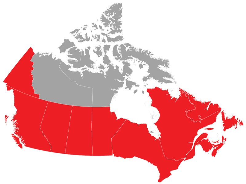 Map of Canada highlighting Global Fuels' active service areas in red, showing coverage across most provinces including Alberta, Ontario, and Quebec